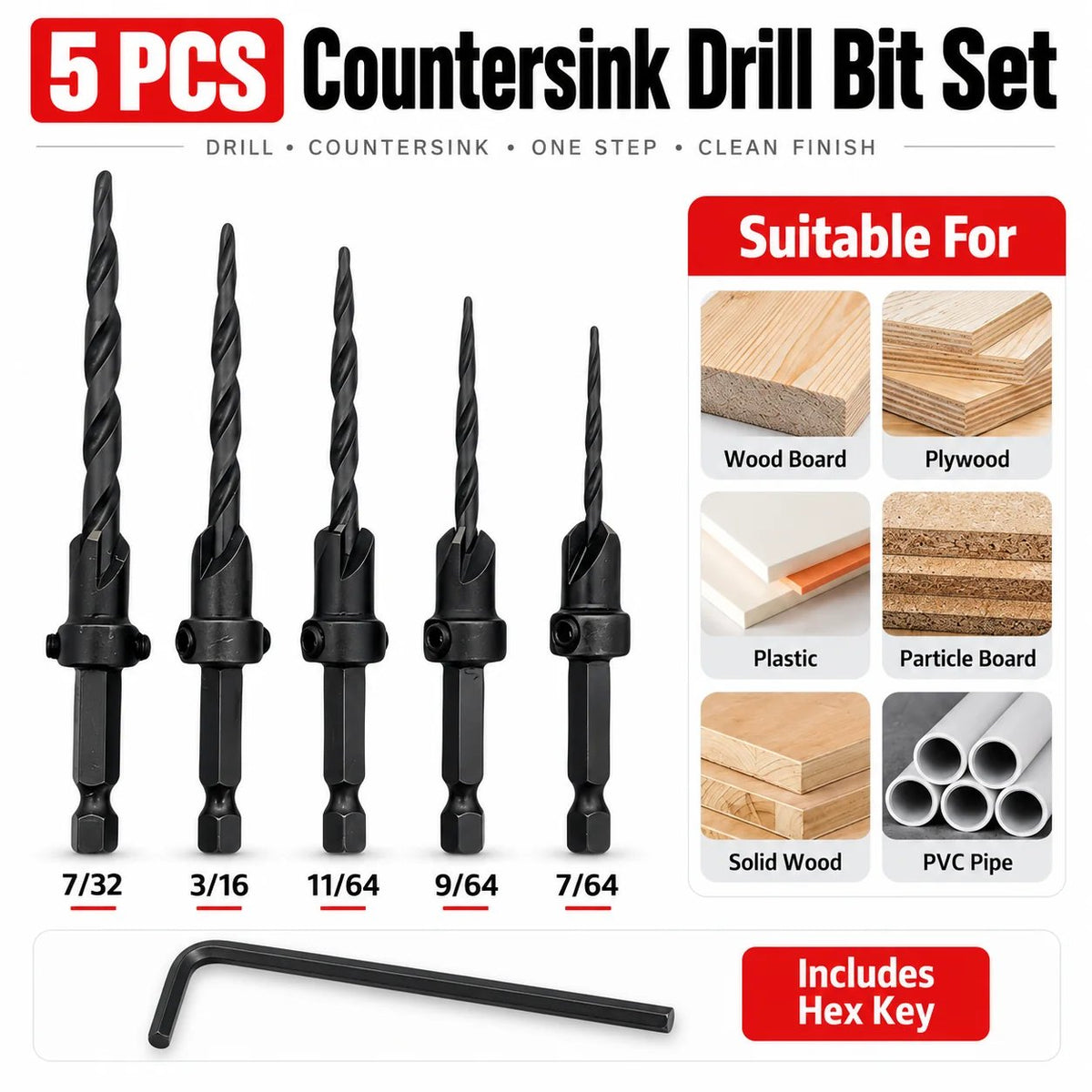 🌟✨ 15-Piece Countersink Drill Bit Set – 1/4' Hex Shank, Depth Stop & Quick-Change Design