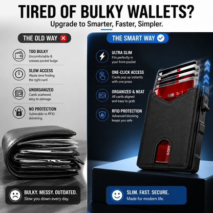 Genuine Leather RFID Blocking Pop-Up Wallet – Premium Aluminum Frame, One-Second Card Eject, Ultra-Slim Design