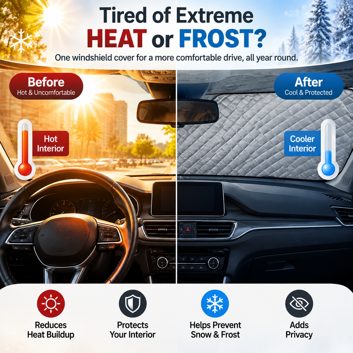 🚗 🚗 All-Season Magnetic Windshield Cover for Sun, Snow & Frost, Fits Cars, SUVs & Trucks