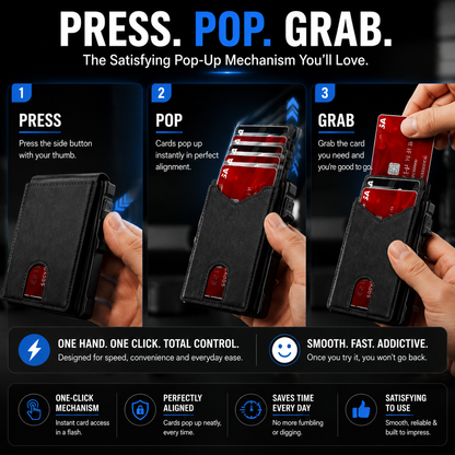 Genuine Leather RFID Blocking Pop-Up Wallet – Premium Aluminum Frame, One-Second Card Eject, Ultra-Slim Design