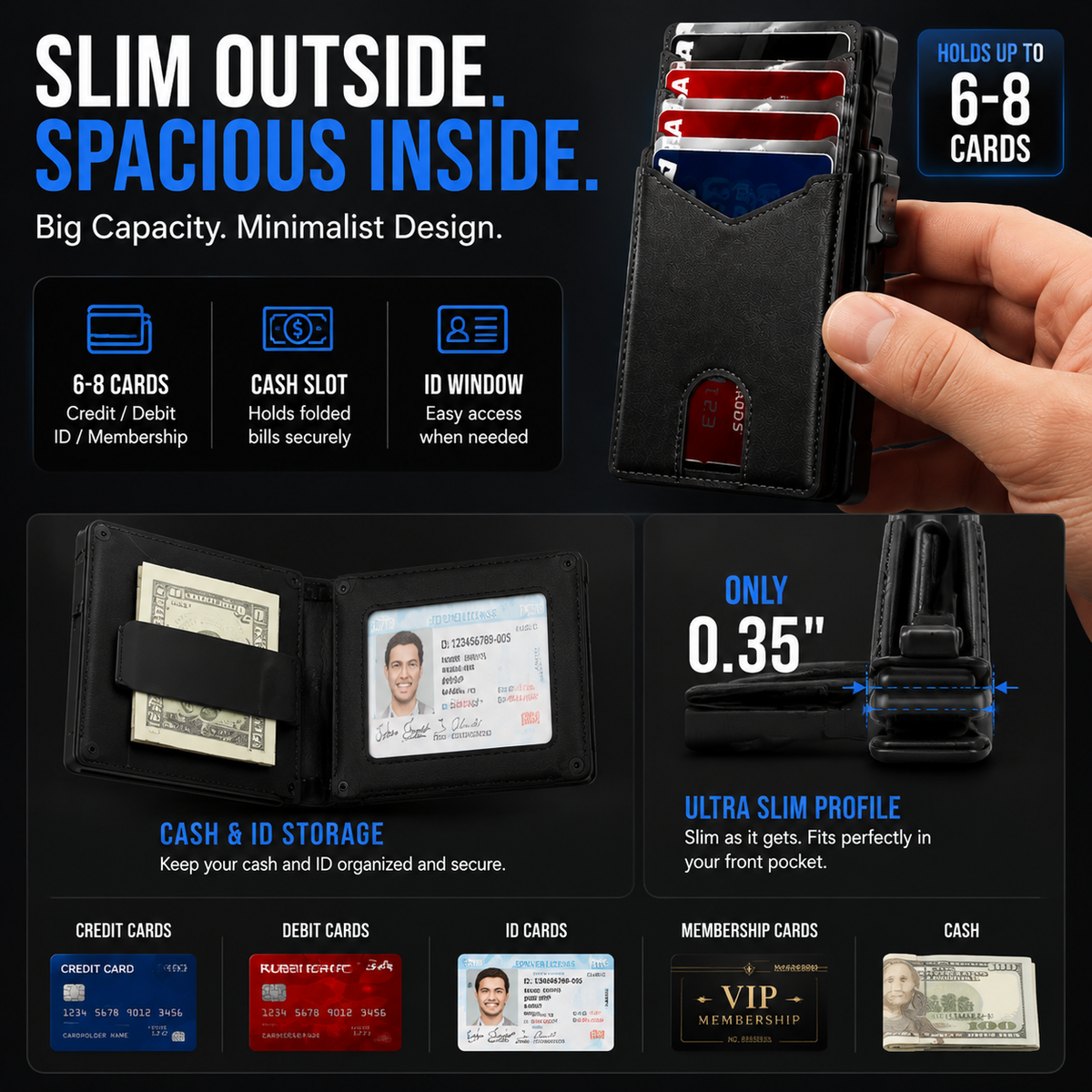 Genuine Leather RFID Blocking Pop-Up Wallet – Premium Aluminum Frame, One-Second Card Eject, Ultra-Slim Design
