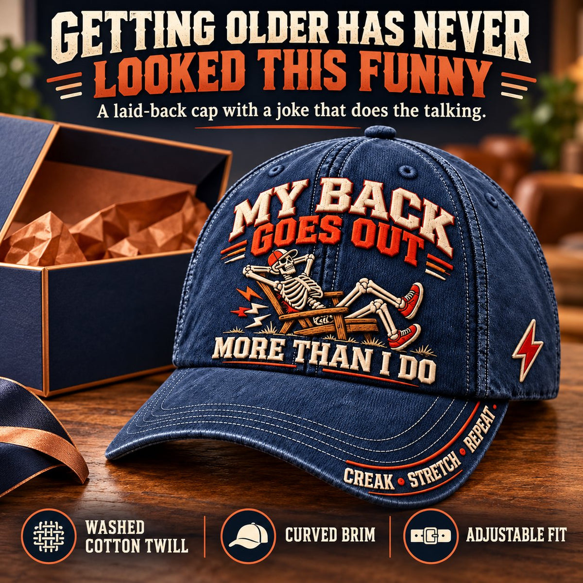 ⏳ Last Day 49% OFF – 💀 “My Back Goes Out More Than I Do” Vintage Baseball Cap | Cotton-Poly Blend • Detailed Embroidery • Adjustable Fit