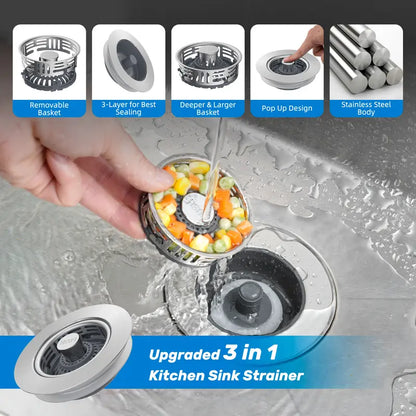 🚰 3-in-1 Stainless Steel Sink Strainer & Pop-Up Stopper – Removable Basket for 3½″ Drains ✨
