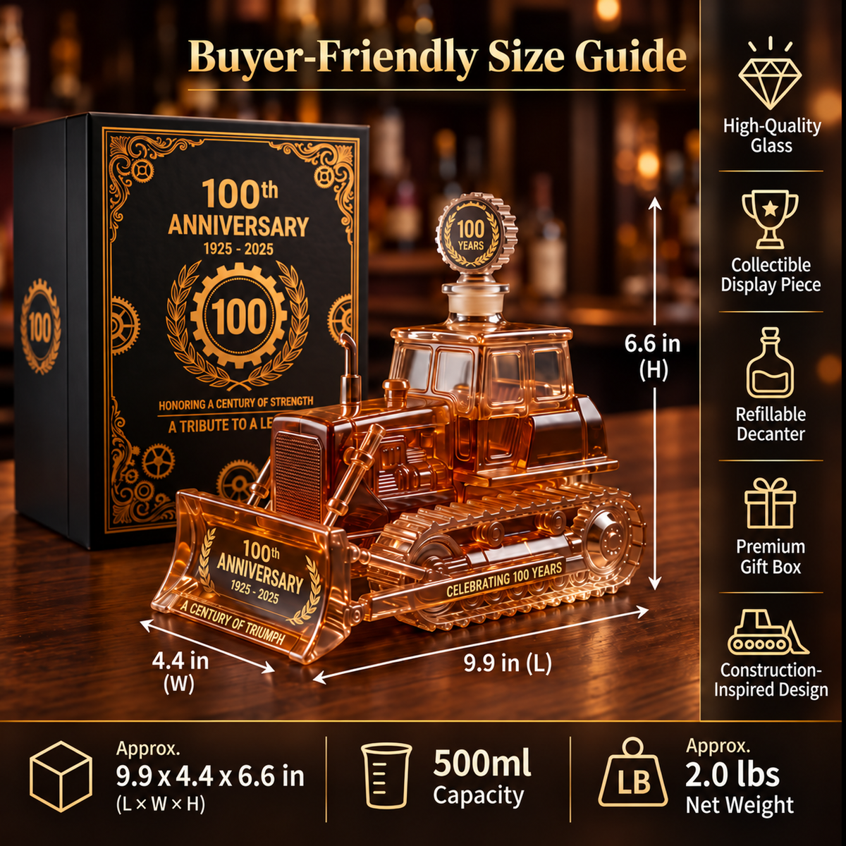 CAT 100th Anniversary Bulldozer Crystal Whiskey Decanter