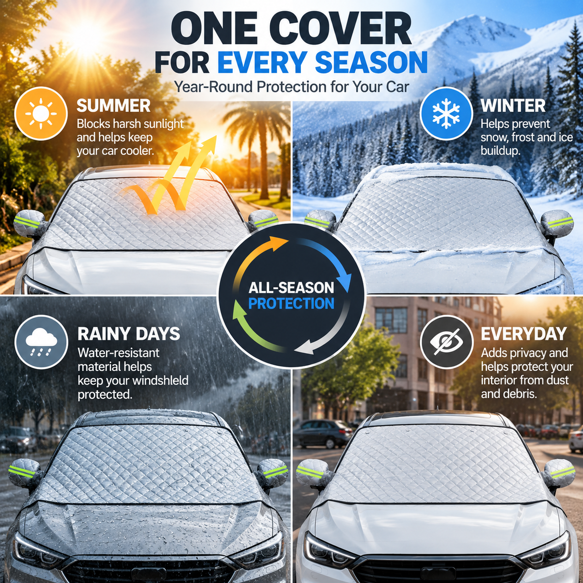 🚗 🚗 All-Season Magnetic Windshield Cover for Sun, Snow & Frost, Fits Cars, SUVs & Trucks