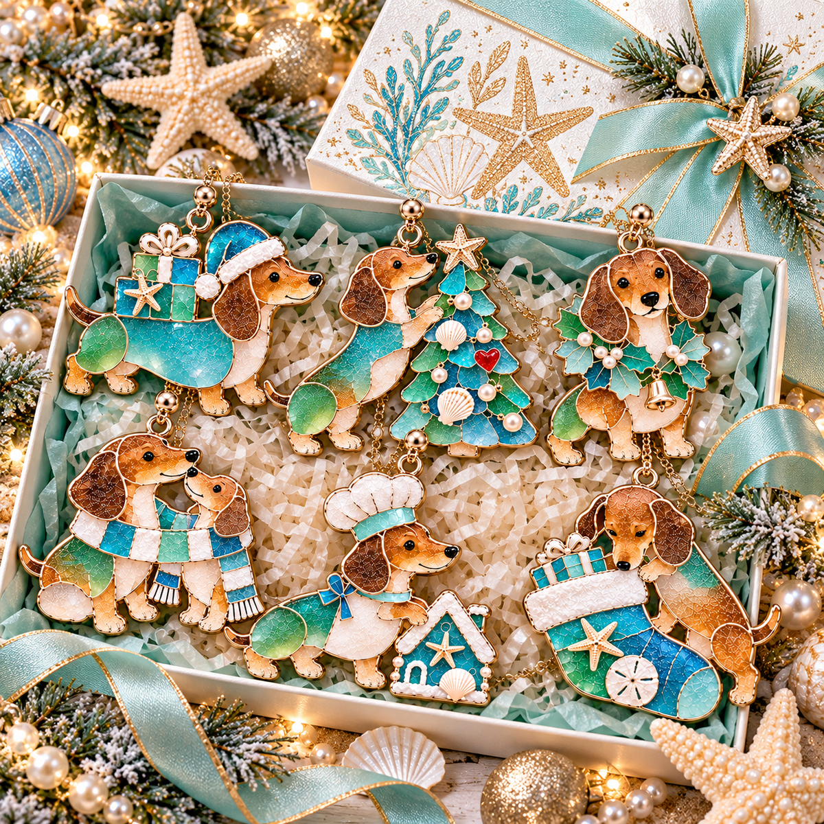⏰Coastal Christmas Dachshund Ornament Set – ✨6-Piece Stained Glass-Inspired Sea Glass Dog Christmas Tree Decorations, Gift for Dachshund Lovers