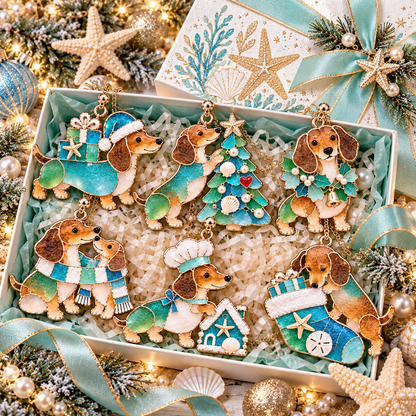 ⏰Coastal Christmas Dachshund Ornament Set – ✨6-Piece Stained Glass-Inspired Sea Glass Dog Christmas Tree Decorations, Gift for Dachshund Lovers