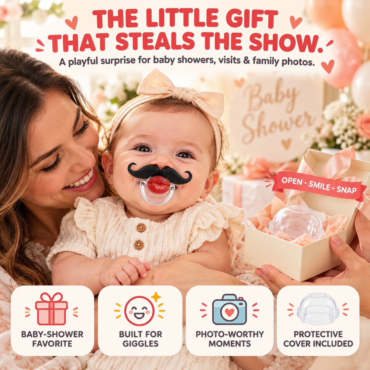 👄 Funny Red Lips Mustache Baby Pacifier – One-Piece Silicone Design with Dust Cover