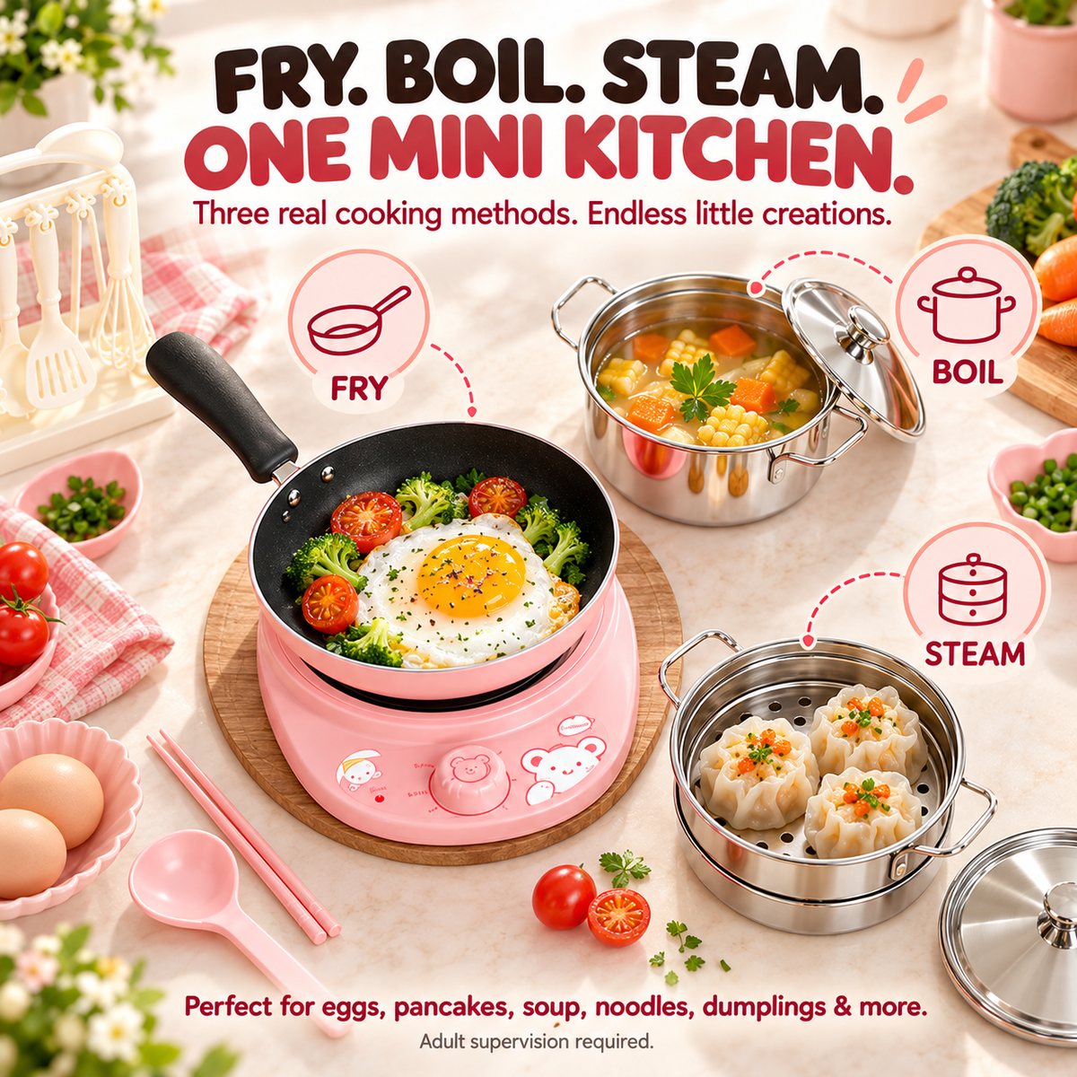 52-Piece Kids’ Mini Real-Cooking Kitchen Set with Electric Stove & Cookware