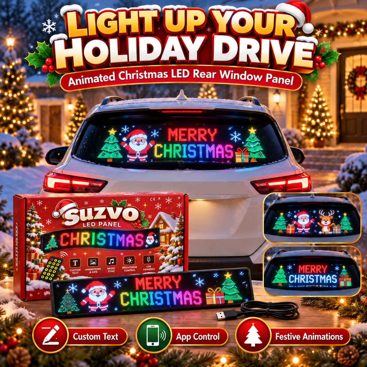 🎄 Animated Christmas LED Rear Window Panel – App Controlled Car Display