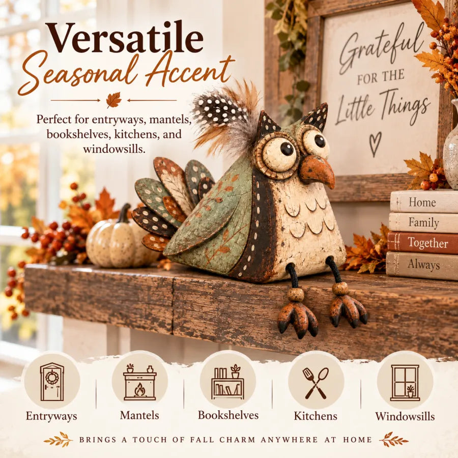 🍂 Rustic Owl Shelf Sitter Decor with Dangling Legs