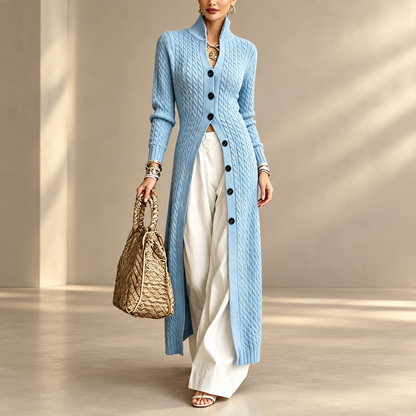 Women’s Long Cable Knit Cardigan, Elegant Full-Length Knitwear