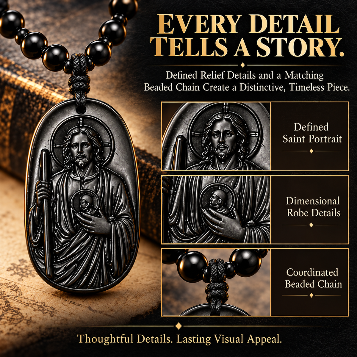 Saint Jude Thaddeus Obsidian Pendant Necklace – Vintage Beaded Faith Jewelry