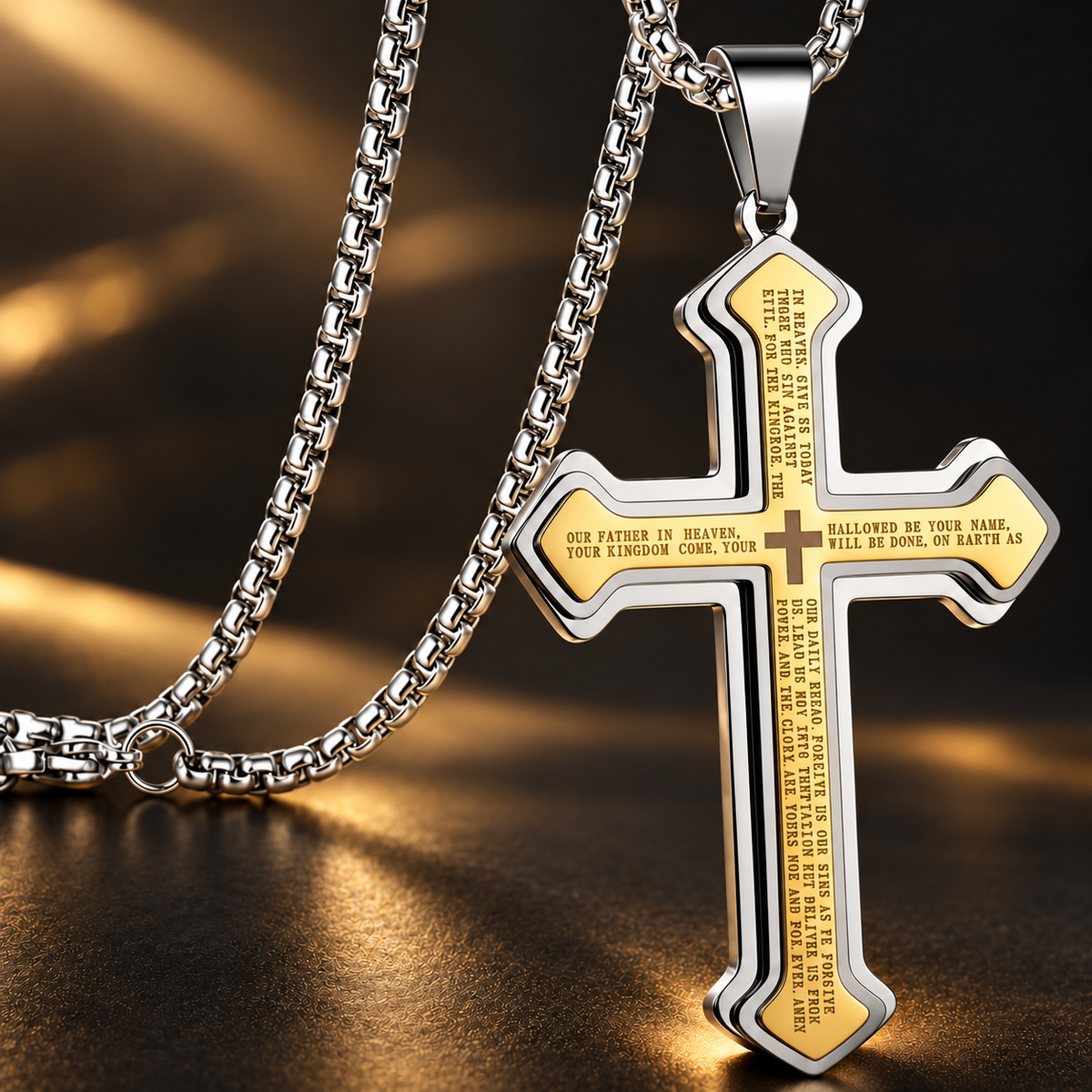 Men’s Engraved Lord’s Prayer Cross Pendant Necklace