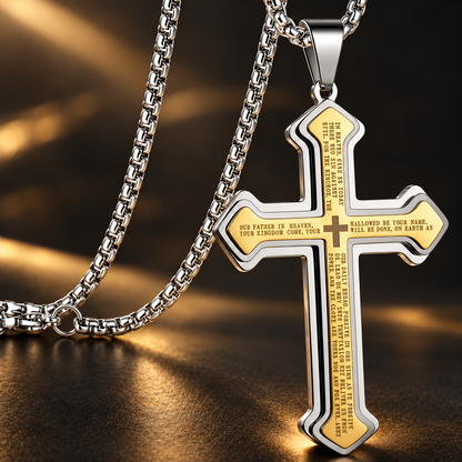 Men’s Engraved Lord’s Prayer Cross Pendant Necklace