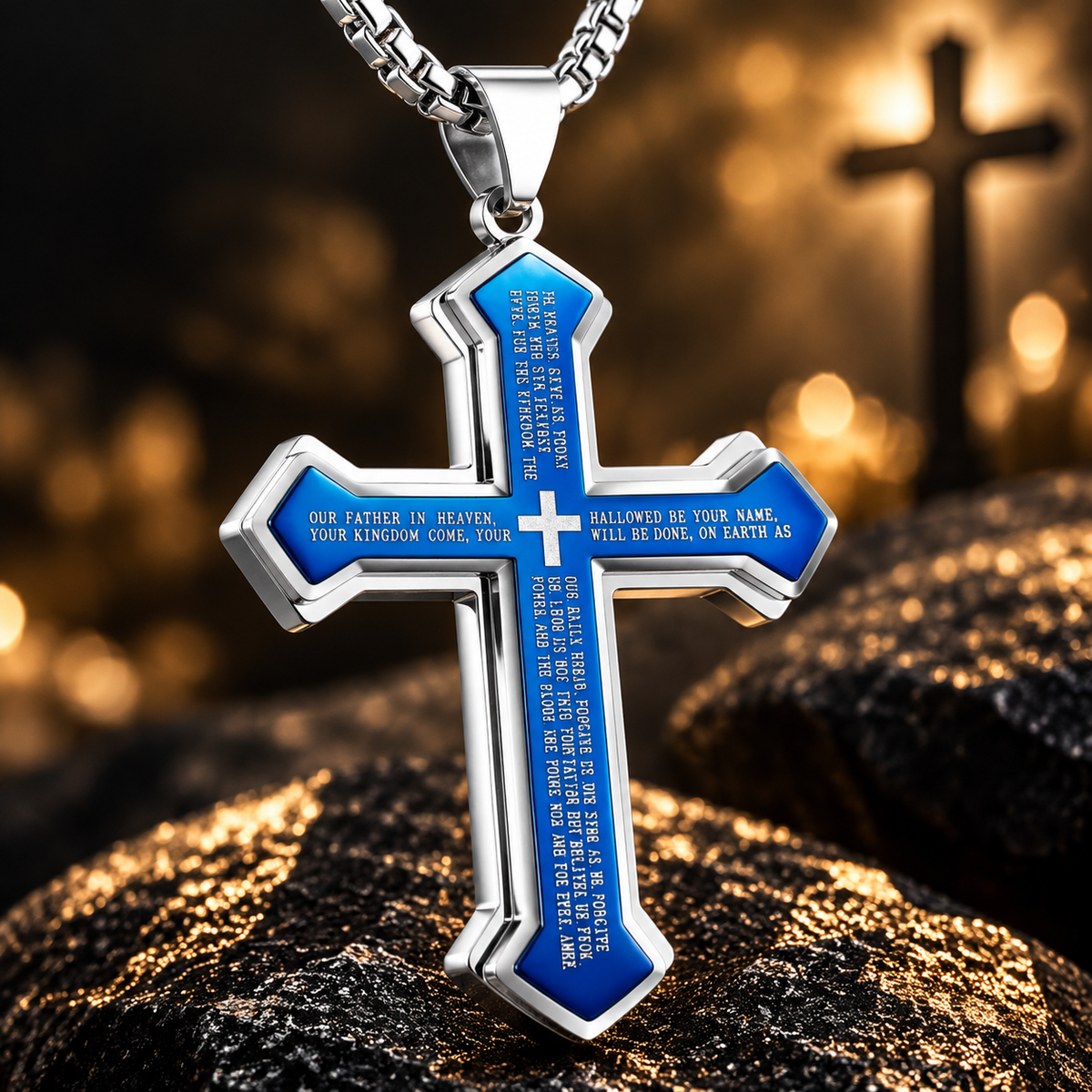 Men’s Engraved Lord’s Prayer Cross Pendant Necklace