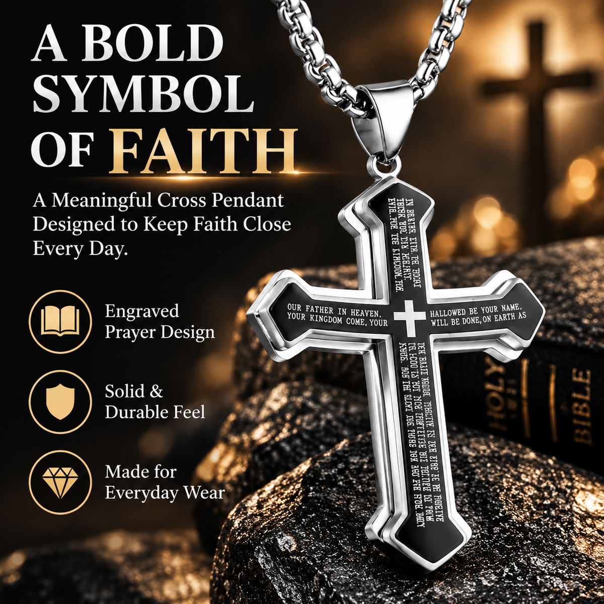 Men’s Engraved Lord’s Prayer Cross Pendant Necklace