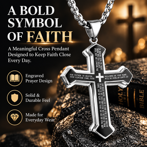 Men’s Engraved Lord’s Prayer Cross Pendant Necklace