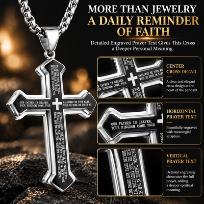 Men’s Engraved Lord’s Prayer Cross Pendant Necklace