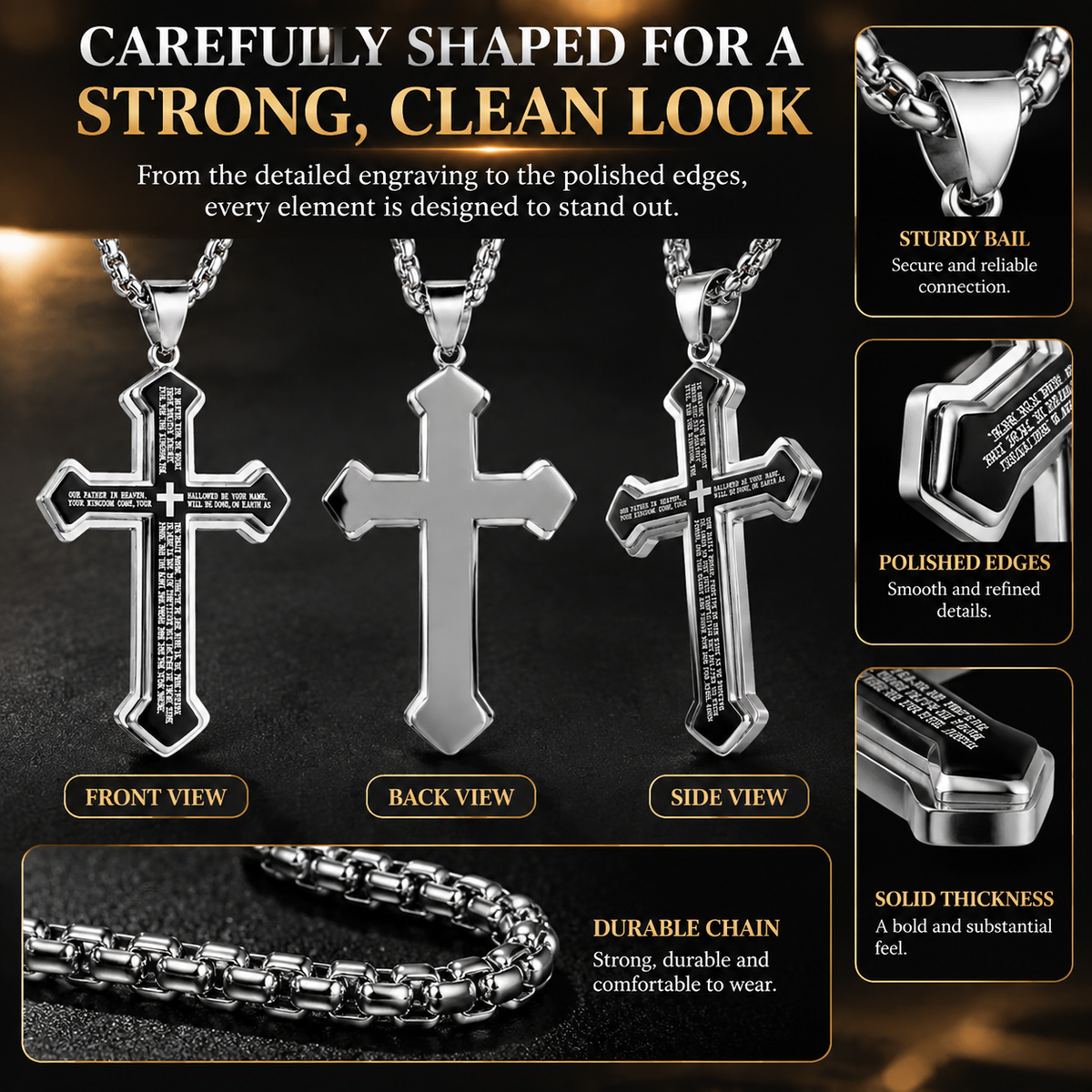 Men’s Engraved Lord’s Prayer Cross Pendant Necklace