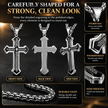 Men’s Engraved Lord’s Prayer Cross Pendant Necklace