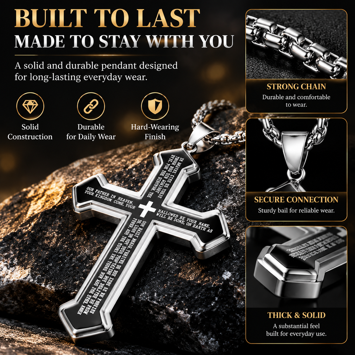 Men’s Engraved Lord’s Prayer Cross Pendant Necklace