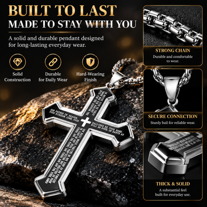Men’s Engraved Lord’s Prayer Cross Pendant Necklace
