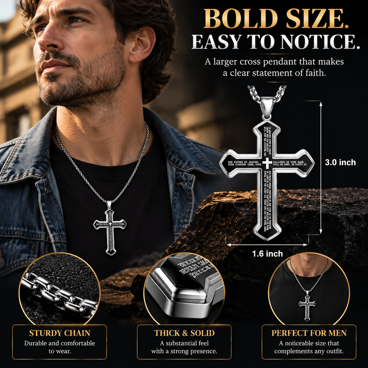 Men’s Engraved Lord’s Prayer Cross Pendant Necklace