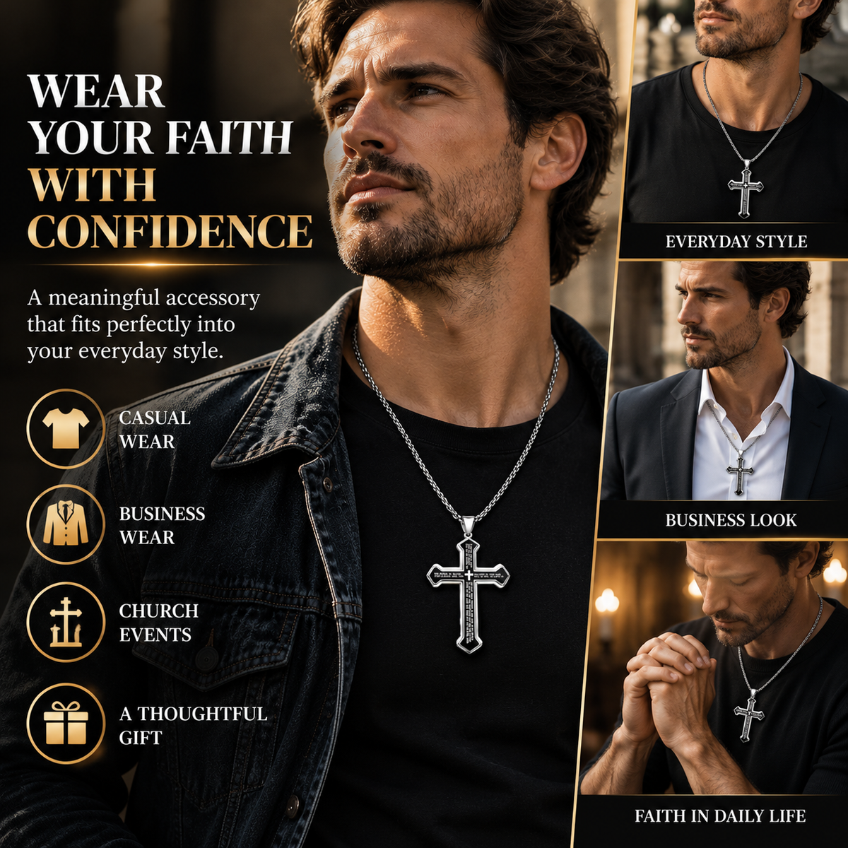 Men’s Engraved Lord’s Prayer Cross Pendant Necklace