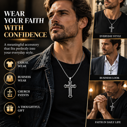 Men’s Engraved Lord’s Prayer Cross Pendant Necklace