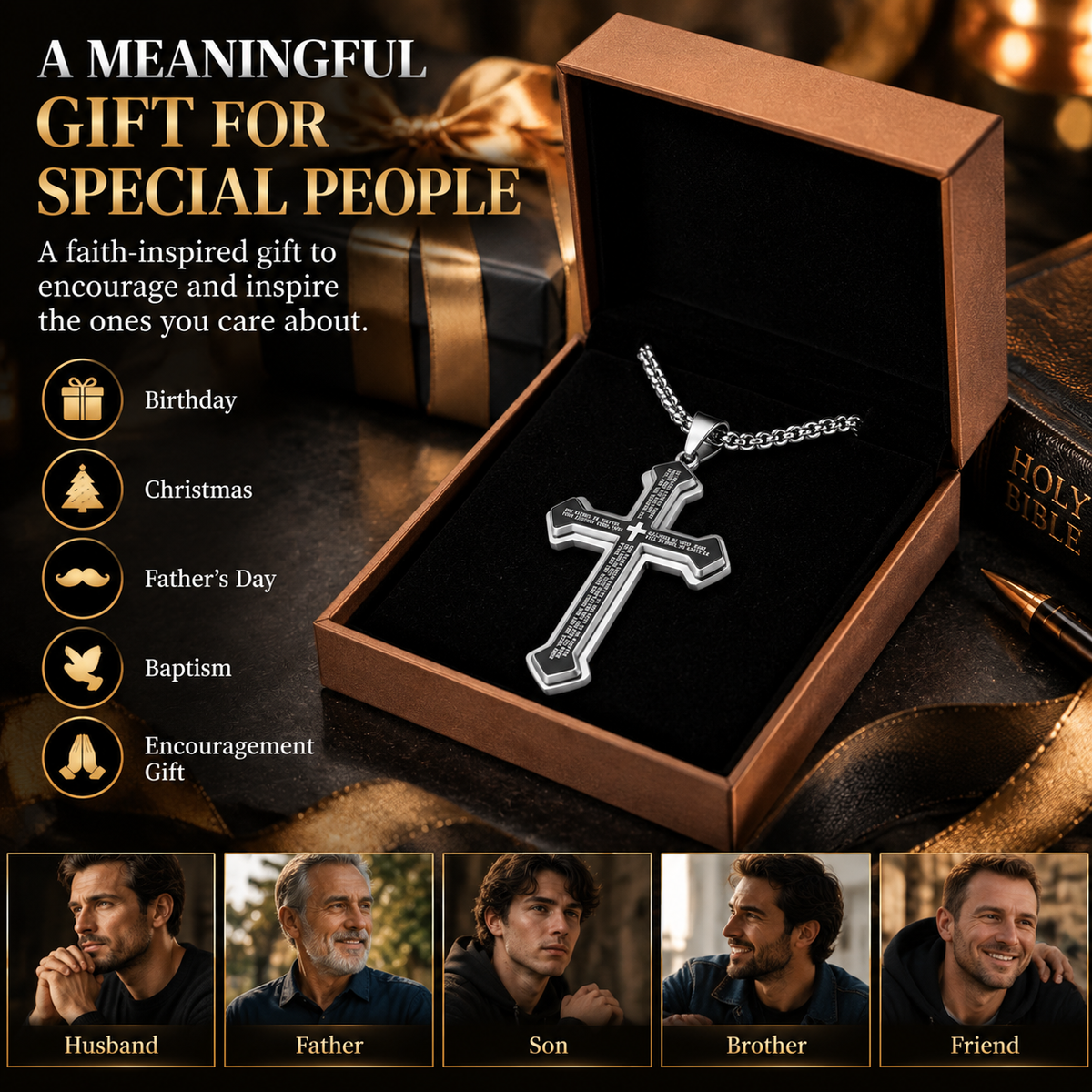 Men’s Engraved Lord’s Prayer Cross Pendant Necklace