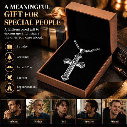 Men’s Engraved Lord’s Prayer Cross Pendant Necklace