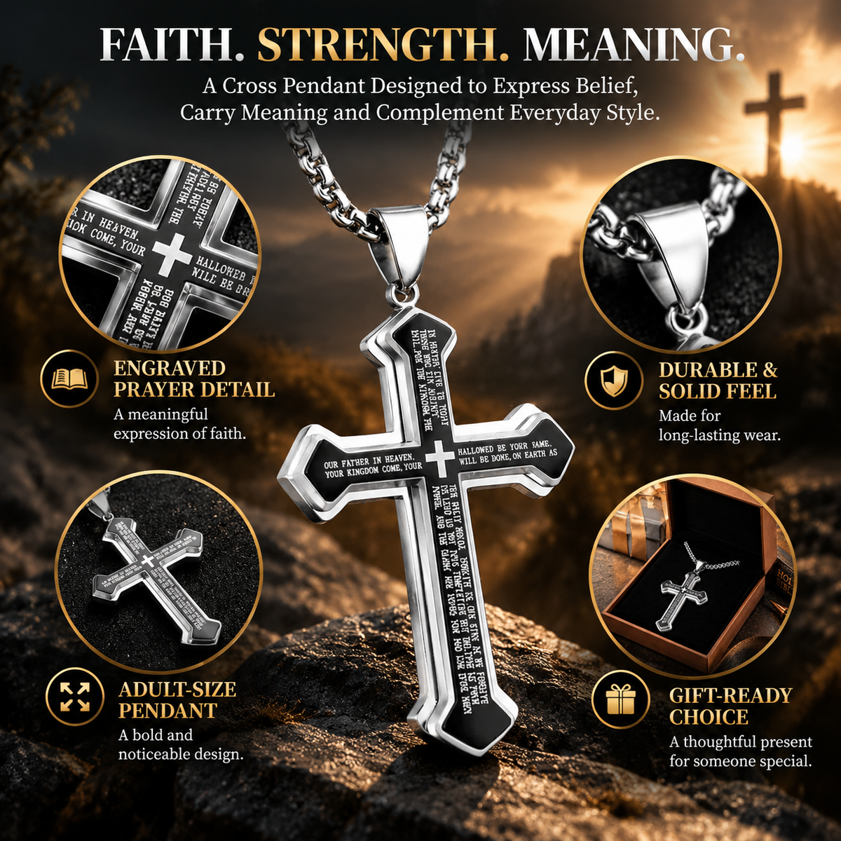 Men’s Engraved Lord’s Prayer Cross Pendant Necklace