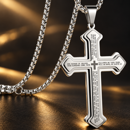 Men’s Engraved Lord’s Prayer Cross Pendant Necklace