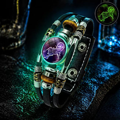 🌙♑ Glow-in-the-Dark Zodiac Sign Leather Bracelet – Unisex Constellation Jewelry, 6.9/8.1 in ✨