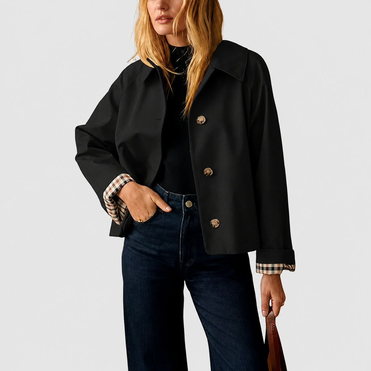 Free Shipping🎉 Women's Cropped Trench Coat – Relaxed Fit Jacket with Plaid Lining | 7 Colors