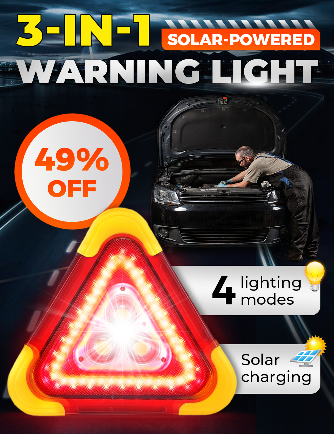 🔥3-IN-1 Solar Emergency Triangle Warning Light at the Roadside