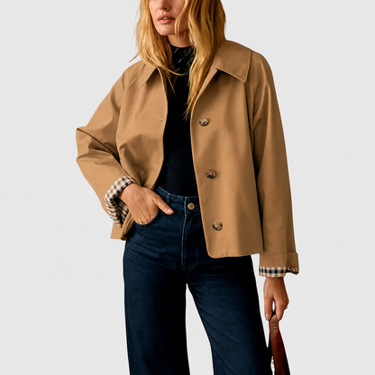 Free Shipping🎉 Women's Cropped Trench Coat – Relaxed Fit Jacket with Plaid Lining | 7 Colors
