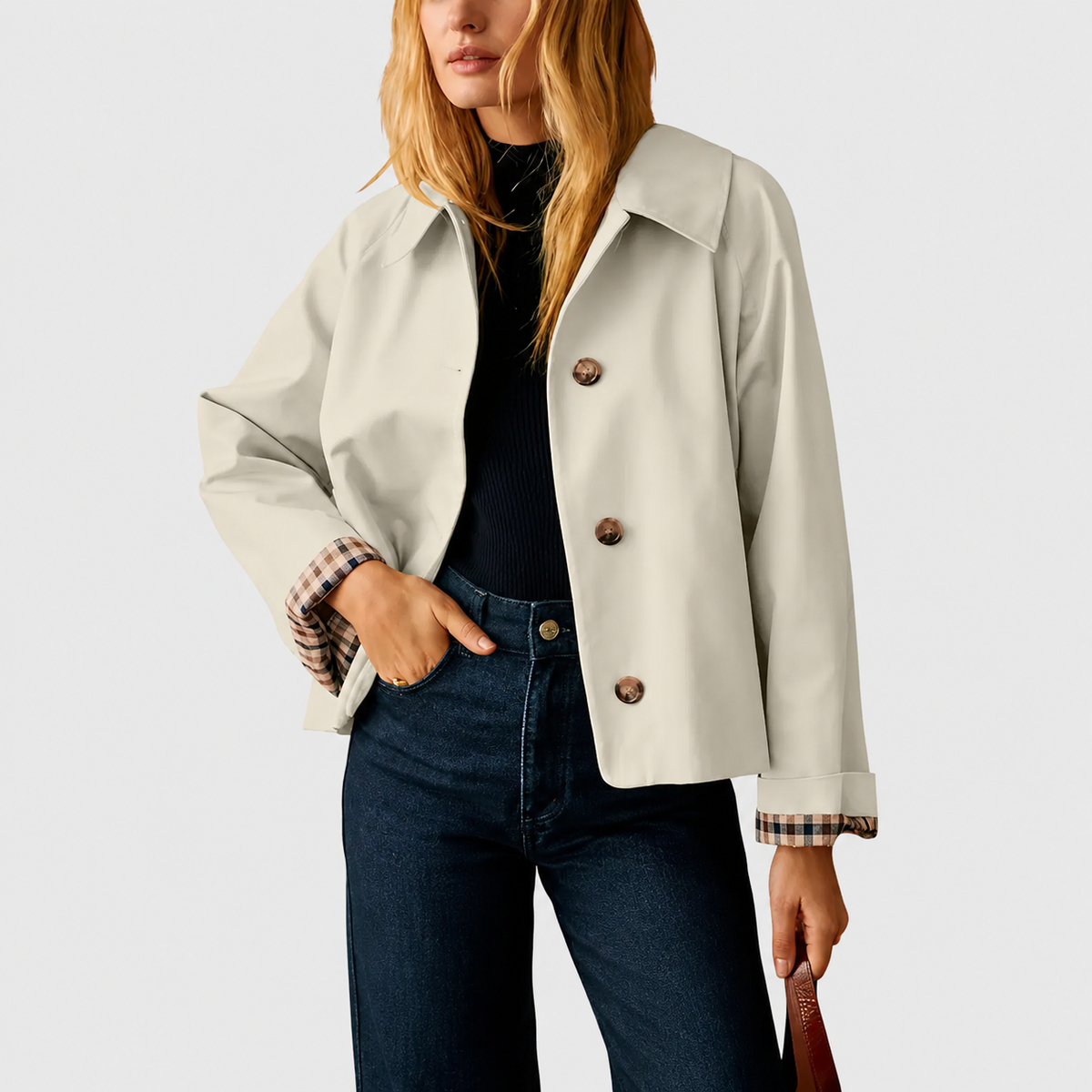 Free Shipping🎉 Women's Cropped Trench Coat – Relaxed Fit Jacket with Plaid Lining | 7 Colors