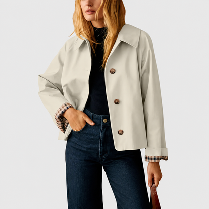 Free Shipping🎉 Women's Cropped Trench Coat – Relaxed Fit Jacket with Plaid Lining | 7 Colors