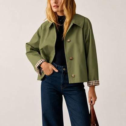 Free Shipping🎉 Women's Cropped Trench Coat – Relaxed Fit Jacket with Plaid Lining | 7 Colors