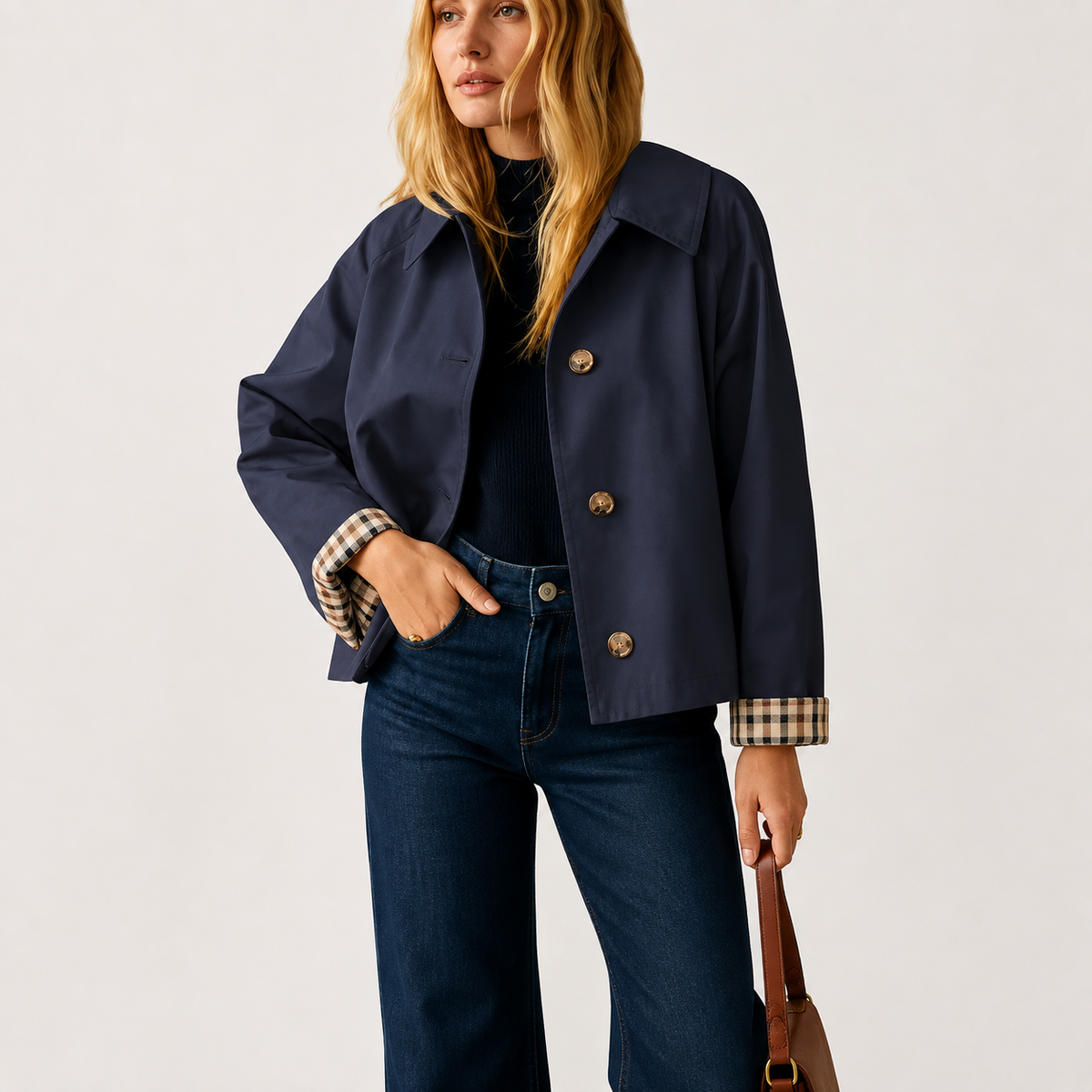 Free Shipping🎉 Women's Cropped Trench Coat – Relaxed Fit Jacket with Plaid Lining | 7 Colors