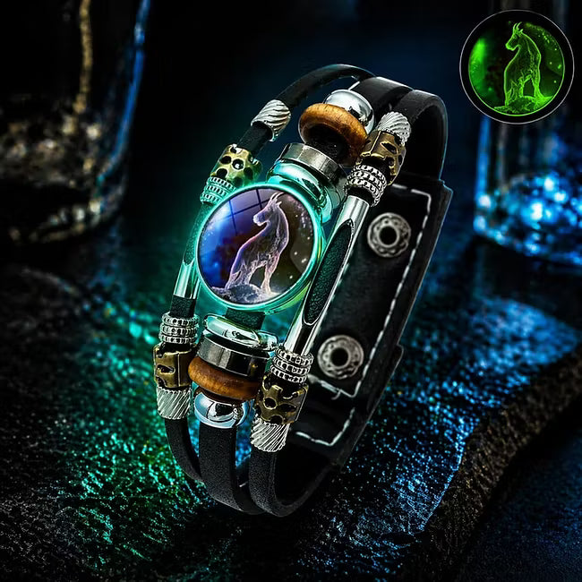🌙♑ Glow-in-the-Dark Zodiac Sign Leather Bracelet – Unisex Constellation Jewelry, 6.9/8.1 in ✨