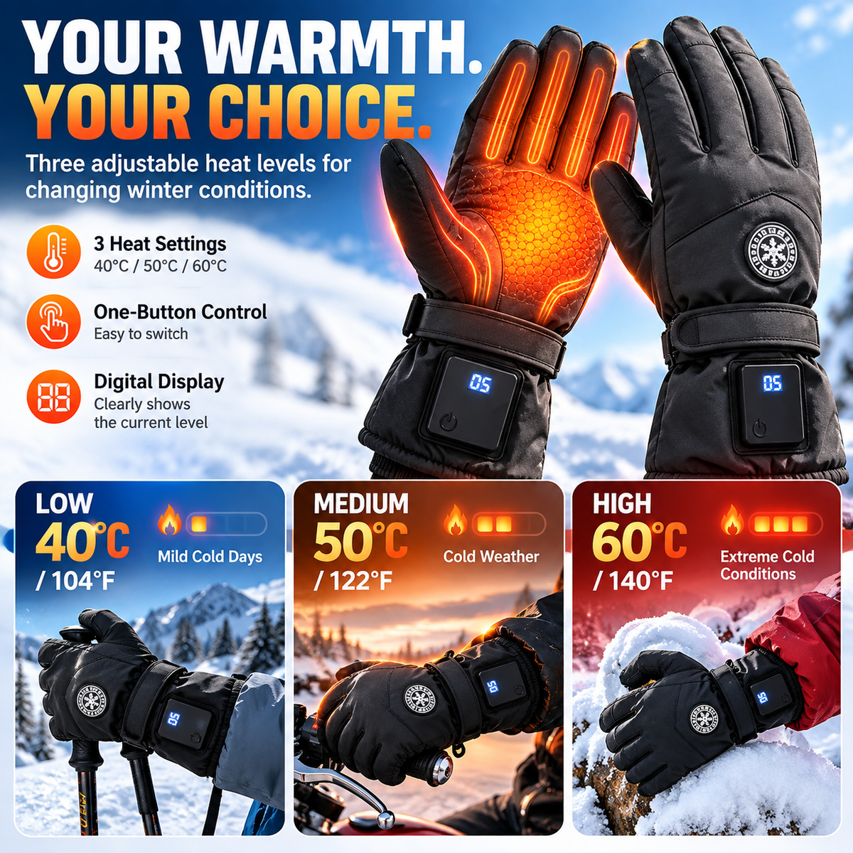 🔥 Rechargeable Heated Gloves – 3 Heat Settings, Touchscreen & Waterproof Winter Gloves