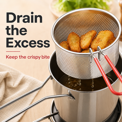 🍟 Personal Mini Deep Fryer Set – Stainless Steel Frying Pot with Draining Basket & Food Tongs