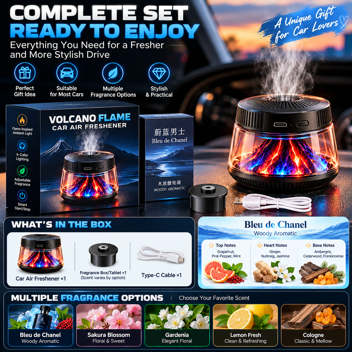 🌋 Volcano Flame Car Air Freshener – 6-Color Ambient Light, Adjustable Fragrance & Smart Auto Start/Stop