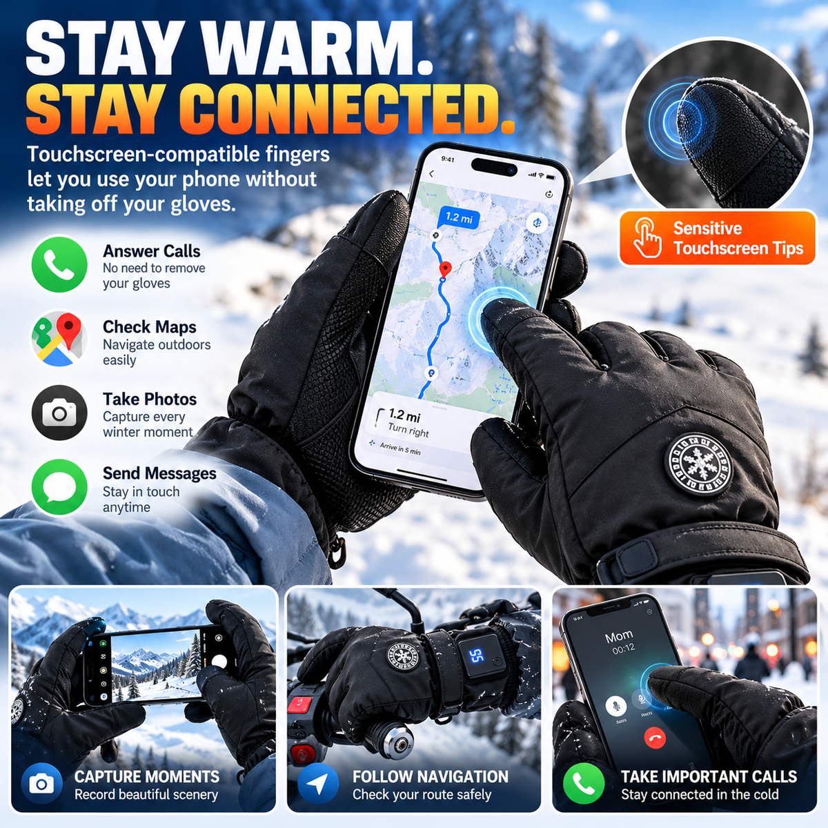 🔥 Rechargeable Heated Gloves – 3 Heat Settings, Touchscreen & Waterproof Winter Gloves