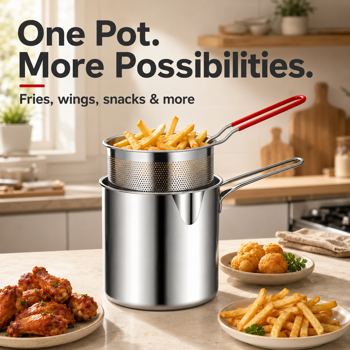🍟 Personal Mini Deep Fryer Set – Stainless Steel Frying Pot with Draining Basket & Food Tongs