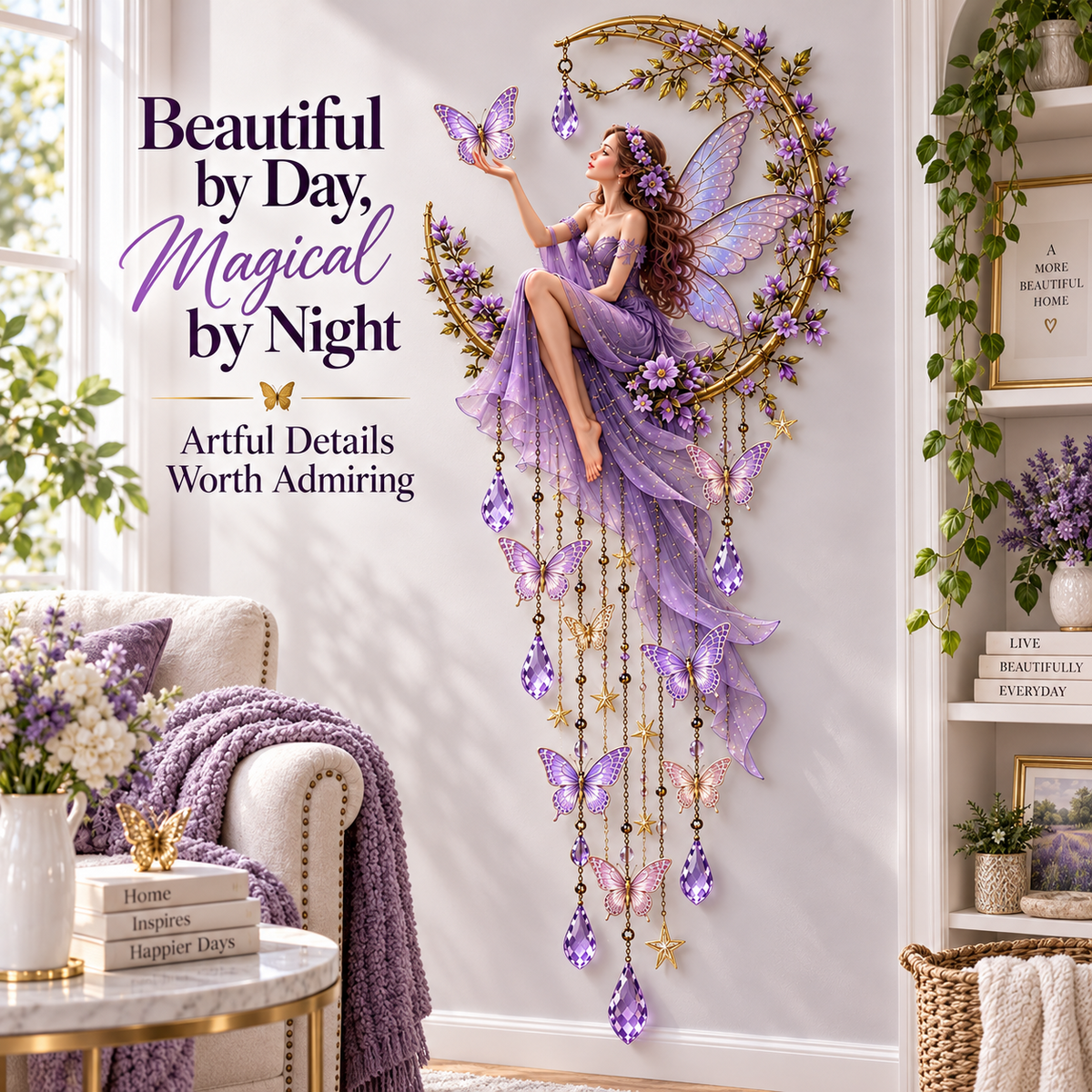 🦋 Enchanted Butterfly Moon™🌙 – Magical Fairy Starfall Wall Light with Cascading Crystal Glow
