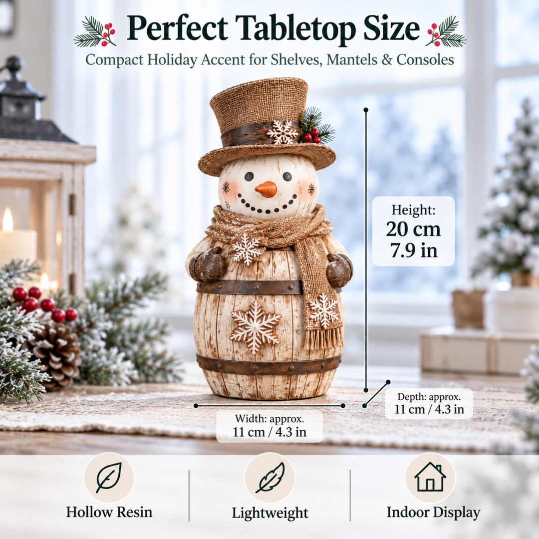 Vintage Whitewashed Barrel Snowman Figurine ⛄🪵 – Rustic Christmas Farmhouse Decor